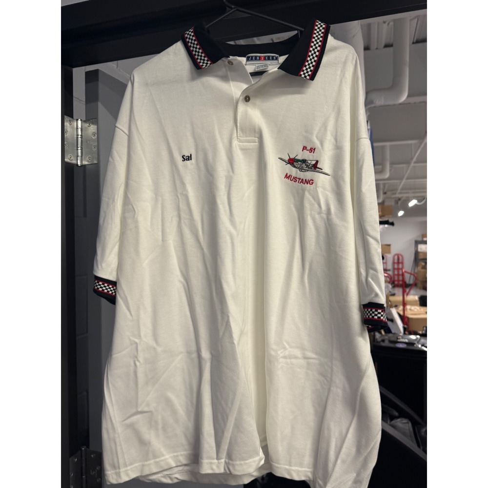 Vintage Jerzees P-51 Mustang Embroidered Polo Shirt White Checkered Trim Mens XL